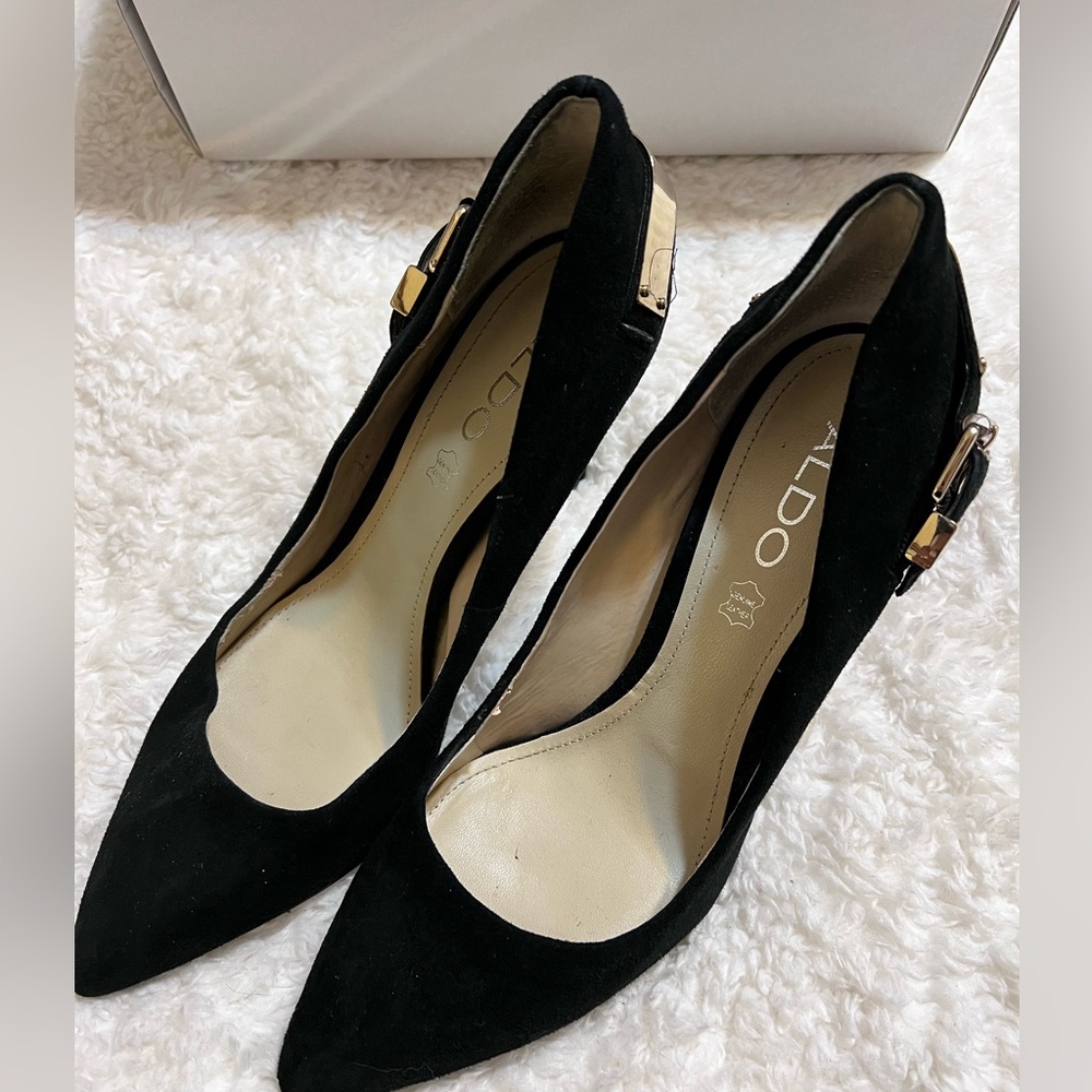Aldo Black Suede heel with gold hardware & pointy toe. 4 in stiletto heel.